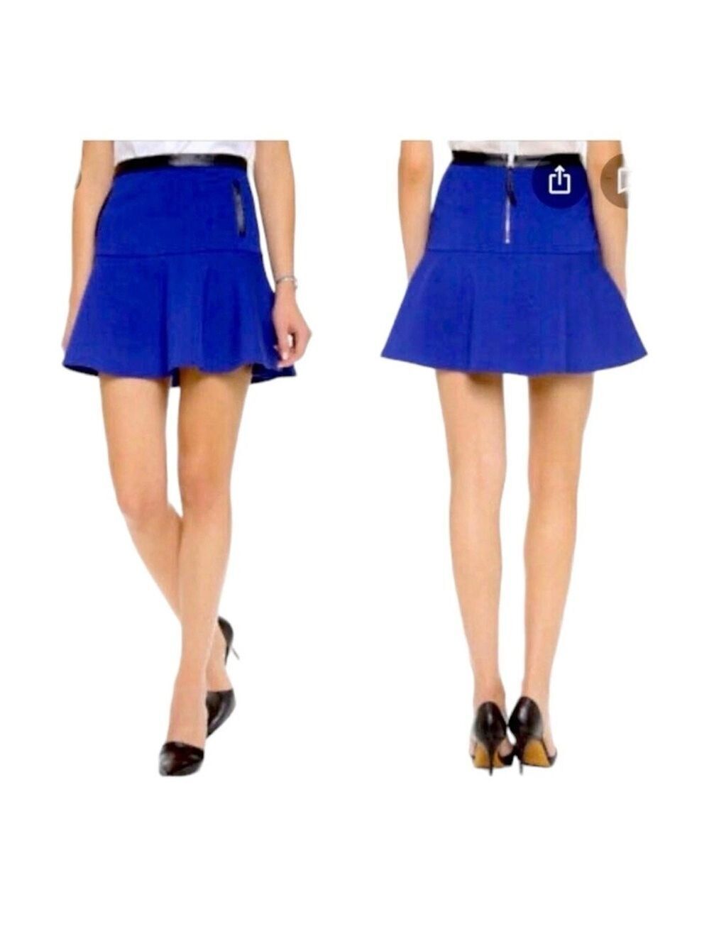 Club Monaco royal cobalt blue flared mini skirt black leather trim Sz 12